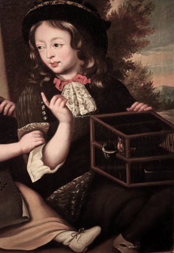 "Children with cage and bird"